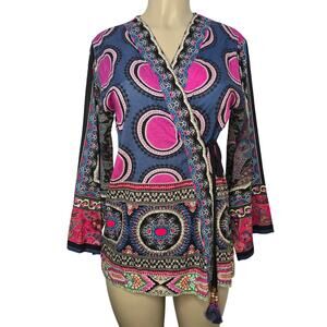 ETHNC Wrap Top Womens Small Colorful Bohemian Boho Bollywood Travel Vacay Kimono